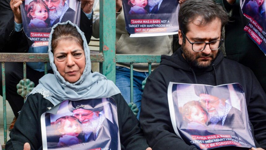 Srinagar: Peoples Democratic Party (PDP) President Mehbooba Mufti, left, along with party leaders during a protest against the killing of Iran's Supreme Leader Ali Khamenei in US-Israel strikes on Iran, in Srinagar, Wednesday, March 4, 2026. (PTI Photo)(PTI03_04_2026_000169B)