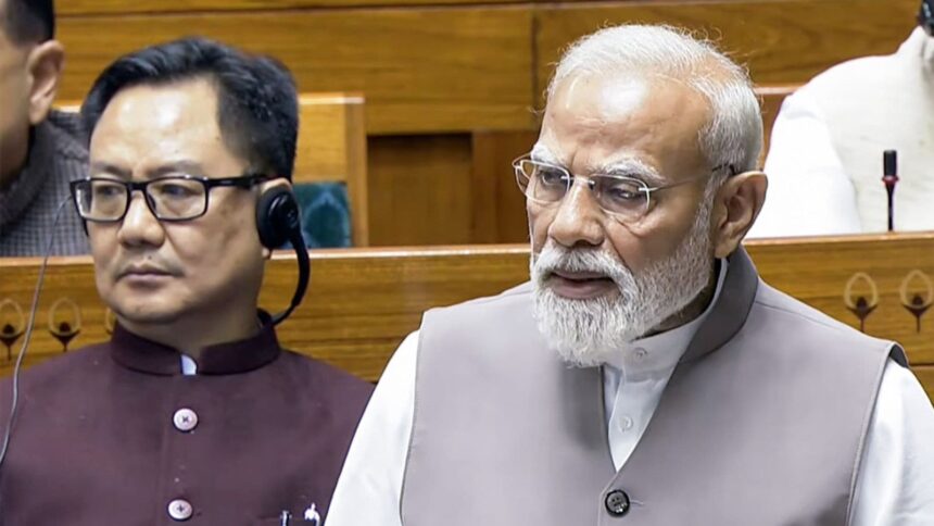 Prime Minister Narendra Modi speaks in Lok Sabha (Image: Sansad TV/ANI Video Grab)