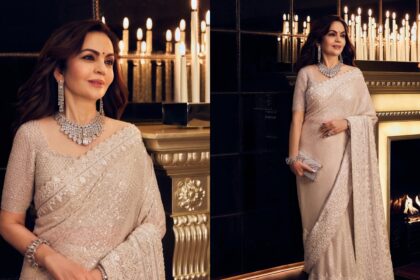 Nita Ambani off-white georgette saree and diamond jewellery set