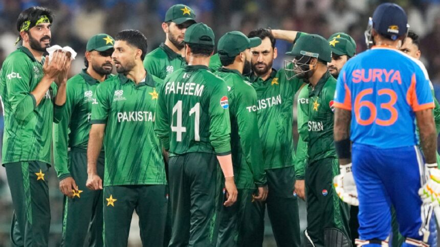 Pakistan's players wait for the third umpire's decision for the wicket of India's captain Suryakumar Yadav, right, during the T20 World Cup cricket match between India and Pakistan in Colombo, Sri Lanka. (AP Photo)
