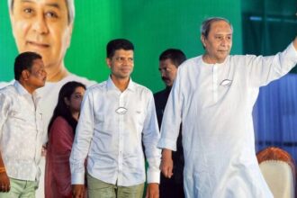 Odisha CM Naveen Patnaik at an election campaign event in the state’s Ganjam earlier this month. V.K. Pandian is seen with him | Photo: ANI