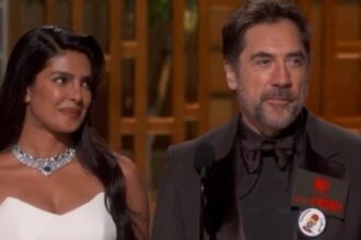 Indian actor Priyanka Chopra Jonas presenting the award for Best International Film along with Spanish actor Javier Bardem | Screenshot | ABC
