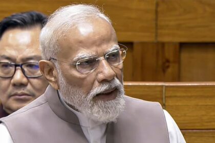 Prime Minister Narendra Modi speaks in the Lok Sabha during the second part of the Budget Session of Parliament. (Sansad TV via PTI Photo)