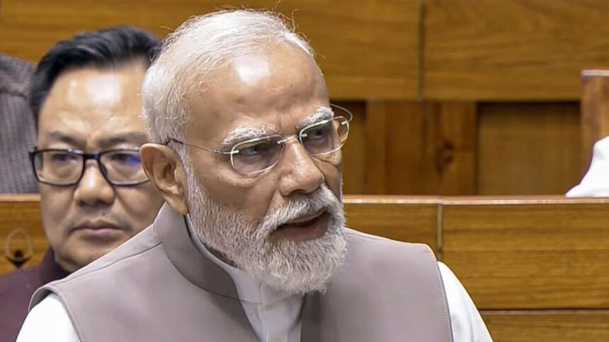 Prime Minister Narendra Modi speaks in the Lok Sabha during the second part of the Budget Session of Parliament. (Sansad TV via PTI Photo)