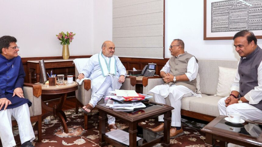 Assam Chief Minister Himanta Biswa Sarma along with Pradyut Bordoloi meets Union Home Minister Amit Shah ahead of the Assam Assembly elections.