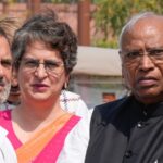 New Delhi: LoP in Lok Sabha Rahul Gandhi, LoP in Rajya Sabha Mallikarjun Kharge and Congress MP Priyanka Gandhi Vadra during the second part of Budget session of Parliament, in New Delhi, Monday, March 9, 2026. (PTI Photo/Salman Ali)(PTI03_09_2026_000209A)