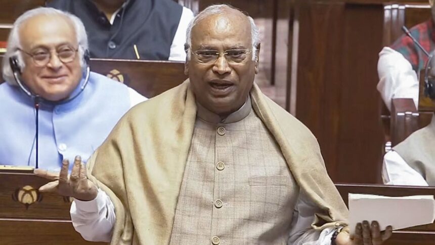 Lok Sabha LoP Mallikarjun Kharge speaks in Rajya Sabha during the Budget Session of Parliament, in New Delhi on Wednesday.