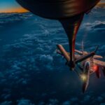 A US Air Force KC-135 Stratotanker refuels a US Navy F/A-18F Super Hornet over the middle east during Operation Epic Fury. (Image via X: @CENTCOM)