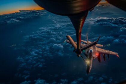 A US Air Force KC-135 Stratotanker refuels a US Navy F/A-18F Super Hornet over the middle east during Operation Epic Fury. (Image via X: @CENTCOM)