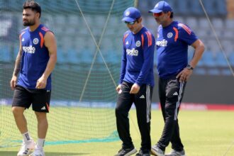 India head coach Gautam Gambhir (centre) with Rinku Singh (left) at a training session at the Wankhede Stadium in Mumbai. (Express Photo by Narendra Vaskar)
