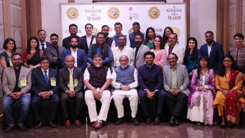 RNG award winners with Vice-President C P Radhakrishnan during the Ram Nath Goenka Award function at Hyatt Regency, New Delhi. (Express Photo by Renuka Puri)