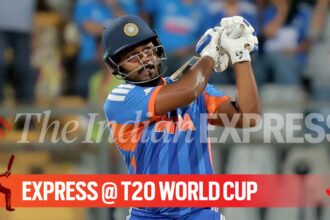 Sanju Samson's sparkling 89 powered India to a giant 253 against England at the Wankhede Stadium. (Express Photo by Narendra Vaskar)