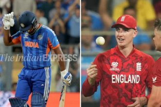 Sanju Samson’s innings ultimately set the platform for India’s total of 253/7 in 20 overs, leaving England with a daunting chase. (Express Photo by Narendra Vaskar/AP Photo)