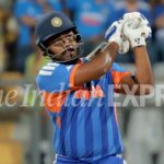 Sanju Samson's sparkling 89 powered India to a giant 253 against England at the Wankhede Stadium. (Express Photo by Narendra Vaskar)