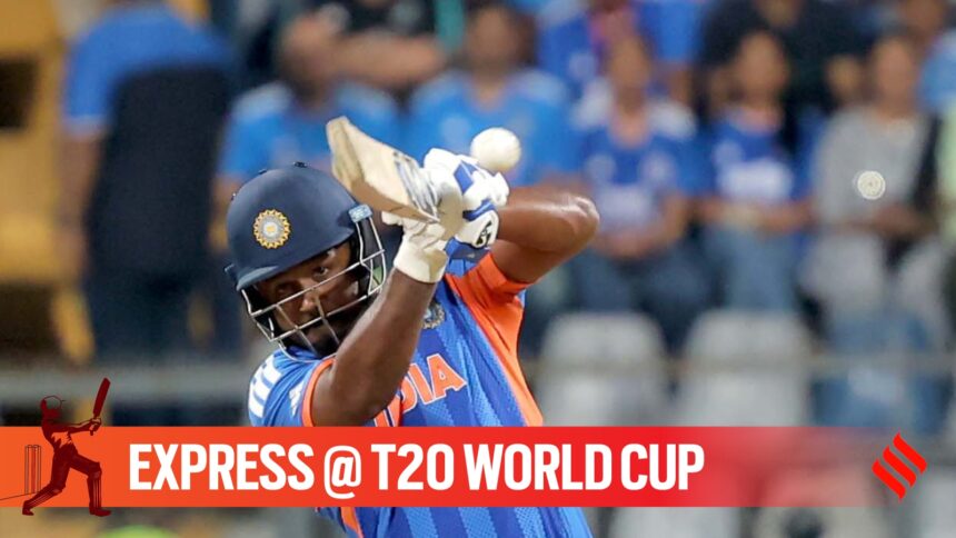 India's Sanju Samson smashed a 42-ball 89 in the T20 World Cup semi-final against England on Thursday at the Wankhede Stadium in Mumbai. (Express photo by Narendra Vaskar)