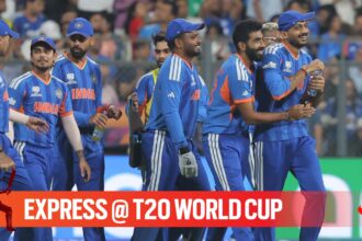 India's gamechangers against England in the T20 World Cup semi-final, Sanju Samson, Jasprit Bumrah and Axar Patel, lead the team off the ground at Mumbai's Wankhede Stadium. (Express photo by Narendra Vaskar)