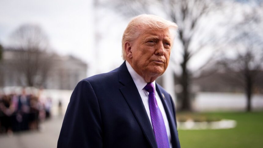 President Donald Trump speaks to reporters on the South Lawn of the White House in Washington before departing for a day trip to Cincinnati, Wednesday, March 11, 2026. President Trump says he is considering “winding down” operations in Iran. But many of his original war goals remain unaccomplished. (Al Drago/The New York Times)