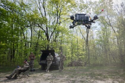 Ukrainian soldiers practice flying a drone in the Kharkiv region of Ukraine, April 24, 2025. Despite ethical concerns about using battlefield videos to train artificial intelligence, Ukraine’s defense ministry said it needs to improve AI targeting to compete with Russia. (Tyler Hicks/The New York Times)