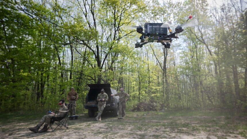Ukrainian soldiers practice flying a drone in the Kharkiv region of Ukraine, April 24, 2025. Despite ethical concerns about using battlefield videos to train artificial intelligence, Ukraine’s defense ministry said it needs to improve AI targeting to compete with Russia. (Tyler Hicks/The New York Times)