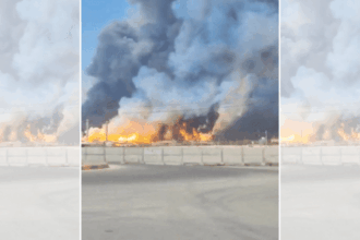 Smoke and fire rise near the South Pars gas field following an attack, amid the U.S.-Israeli conflict with Iran, in Bushehr Province, Iran | Social Media/via REUTERS