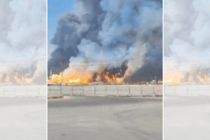 Smoke and fire rise near the South Pars gas field following an attack, amid the U.S.-Israeli conflict with Iran, in Bushehr Province, Iran | Social Media/via REUTERS