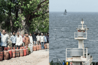 Queue outside a gas agency in Kanpur on Tuesday (left). Indian LPG Carriers 'Jag Vasant' & 'Pine Gas' transit Strait of Hormuz. They are expected at Indian ports by 28 March. | ANI