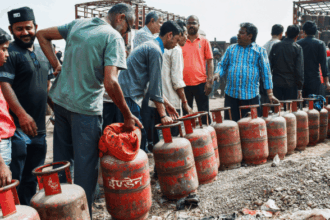 People stand in a queue with their LPG cylinders outside a gas agency in Prayagraj on 11 March 2026 | ANI
