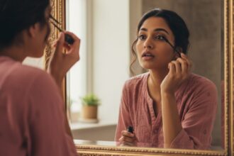 A woman applying mascara in front of the mirror