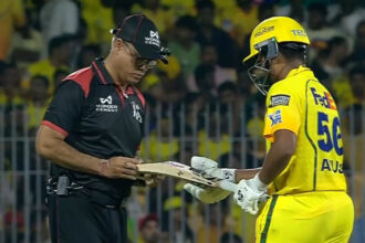 [WATCH] Ayush Mhatre's bat fails gauge test twice, umpire allows to bat after realising he held tool upside down
