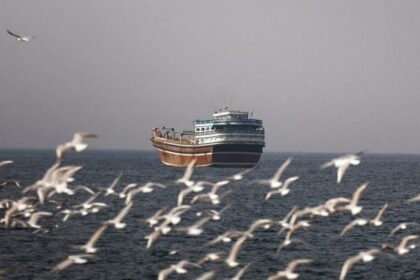 FILE PHOTO: Birds fly near a boat in the Strait of Hormuz amid the U.S.-Israeli conflict with Iran, as seen from Musandam, Oman, March 2, 2026. | REUTERS/Amr Alfiky/File Photo