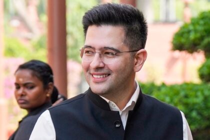 AAP MP Raghav Chadha outside Parliament, Thursday. (PTI)