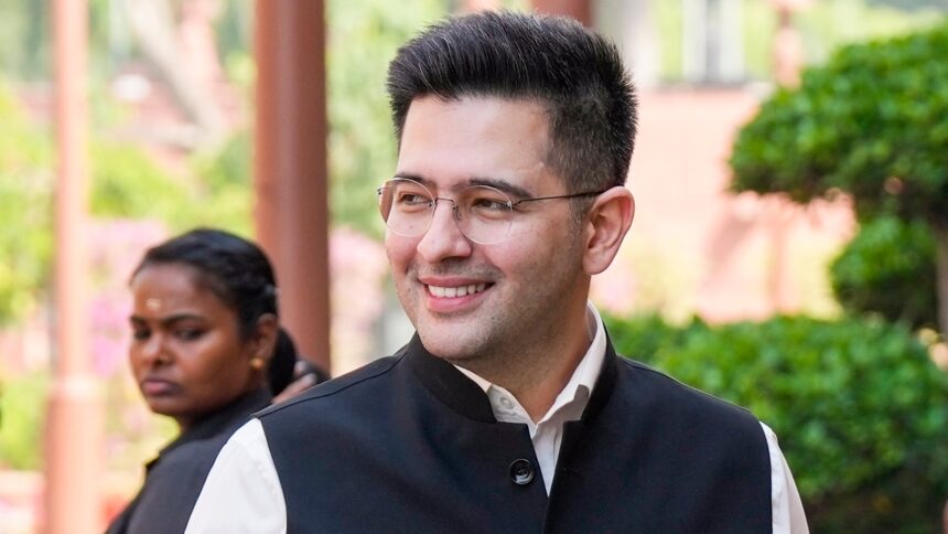 AAP MP Raghav Chadha outside Parliament, Thursday. (PTI)