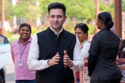 AAP MP Raghav Chadha outside Parliament, Thursday. (PTI)