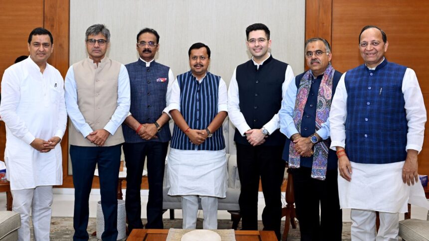 AAP to BJP: Rajya Sabha MPs Raghav Chadha, Sandeep Pathak and Ashok Mittal meet BJP National President Nitin Nabin at the party headquarters, in New Delhi on Friday. (ANI Photo)