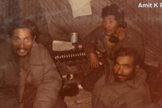 One of the Sparrow tent with (L to R) NB Subedar Azad, NK Saikia and one other officer at FLB, Siachen, in 1984 | Amit K Paul