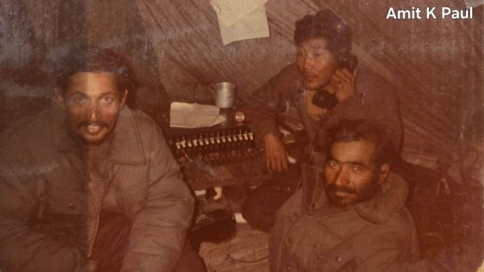 One of the Sparrow tent with (L to R) NB Subedar Azad, NK Saikia and one other officer at FLB, Siachen, in 1984 | Amit K Paul