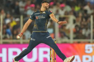 Gujarat Titans' Ashok Sharma bowls a delivery during the Indian Premier League cricket match between Gujarat Titans and Rajasthan Royals in Ahmedabad, India, Saturday, April 4, 2026. (AP Photo)