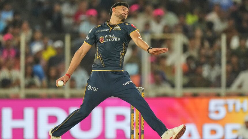 Gujarat Titans' Ashok Sharma bowls a delivery during the Indian Premier League cricket match between Gujarat Titans and Rajasthan Royals in Ahmedabad, India, Saturday, April 4, 2026. (AP Photo)