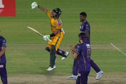 Peshawar Zalmi's Babar Azam celebrates his century in the PSL. (Screengrab via PSL/X)