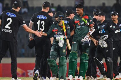 New Zealand's players shake hands with Bangladesh's players after winning the first one day international cricket match between Bangladesh and New Zealand in Mirpur, Bangladesh, Friday, April 17, 2026. (AP Photo)