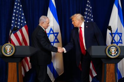 Prime Minister Benjamin Netanyahu of Israel, left, and President Donald Trump shake hands during a joint news conference at Mar-a-Lago in Palm Beach, Fla., Dec. 29, 2025. (Tierney L. Cross/The New York Times)