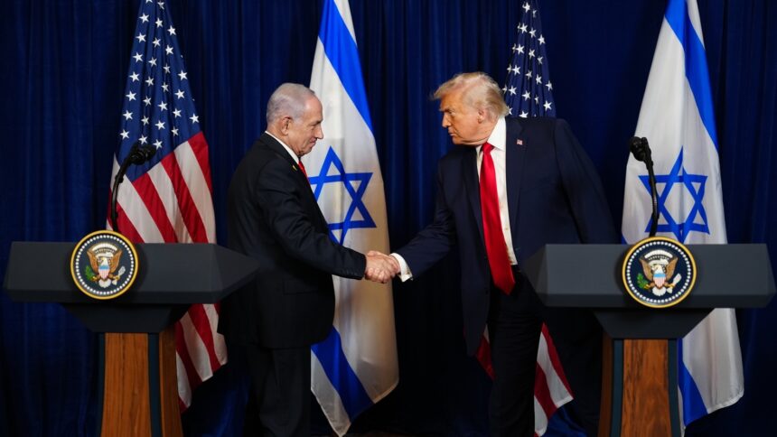 Prime Minister Benjamin Netanyahu of Israel, left, and President Donald Trump shake hands during a joint news conference at Mar-a-Lago in Palm Beach, Fla., Dec. 29, 2025. (Tierney L. Cross/The New York Times)