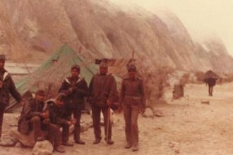 Arrival at the Base Camp on the snout of the Glacier. Then Capt Yashpal Yadav can be seen on the extreme right and then Maj R S Sandhu, Alpha Company Commander, 4 Kumaon on the extreme left | Photo courtesy Amit Paul
