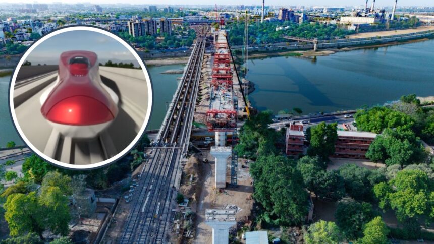 Mumbai Ahmedabad bullet train project has gained pace with NHSRCL accelerating construction of the Sabarmati River bridge in Ahmedabad. (Image: NHSRCL)