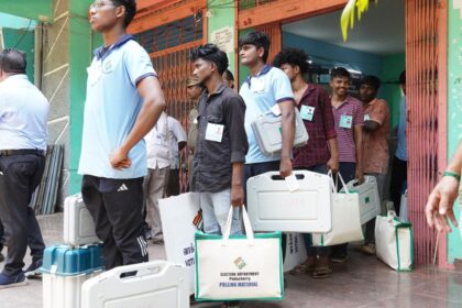 District Election Officer monitors the dispatch of poling parties and polling materials from collection centre at Women’s Engineering College, Lawspet. (Source: X/ @ceopuducherry)