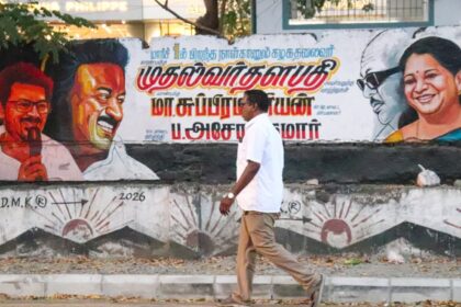 A mural wishing Tamil Nadu Chief Minister M K Stalin on his birthday in Gandhinagar, Adyar. (Photo: Nithya Pandian)