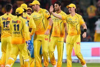 IPL 2026, Chennai Super Kings (CSK) vs Delhi Capitals (DC) Match: Chennai Super Kings' players celebrate a Royal Challengers Bengaluru wicket during an IPL 2026 cricket match. (AP Photo)