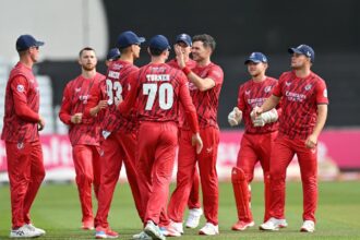 FILE PHOTO: James Anderson in action for Lancashire county. (X/Lancashire Cricket)