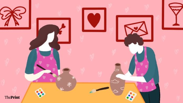 A couple on a pottery date.