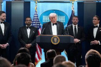 President Donald Trump speaks in the James Brady Press Briefing Room at the White House after an unspecified threat at the annual White House Correspondents' Association Dinner in Washington